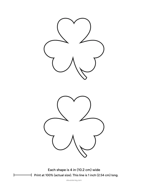 Two shamrock outlines with stems, 4 inches wide, on one page