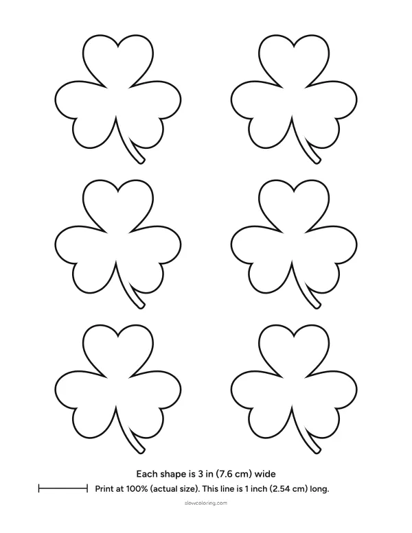 Six shamrock outlines 3 inches wide in two columns and three rows