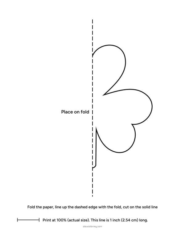 Half of a shamrock with a straight stem and a dashed fold line, to cut a symmetric shamrock from folded paper