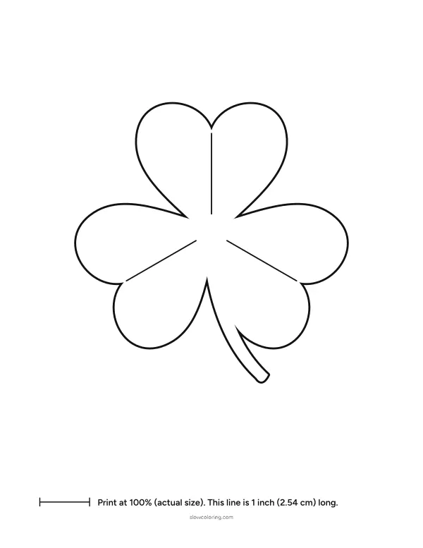 Large shamrock outline with a center vein in each leaf, ready to color