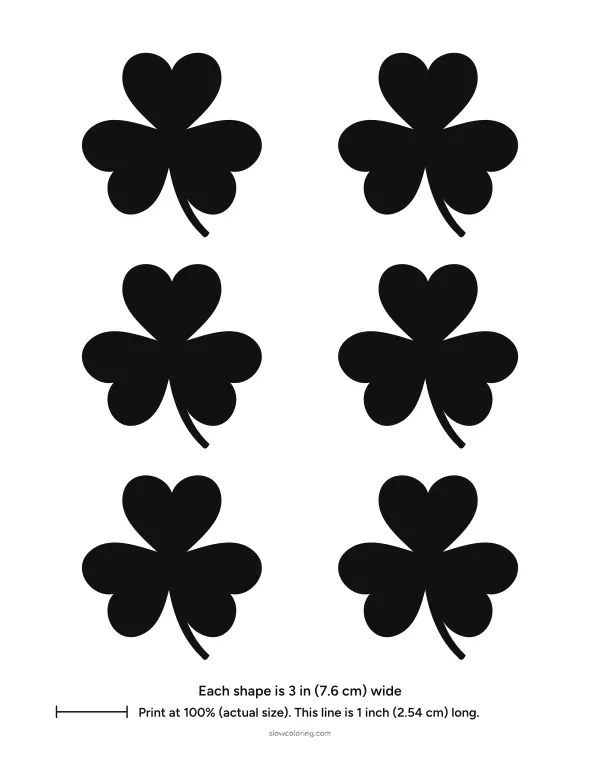 Six solid black shamrock silhouettes, 3 inches wide, for stencils