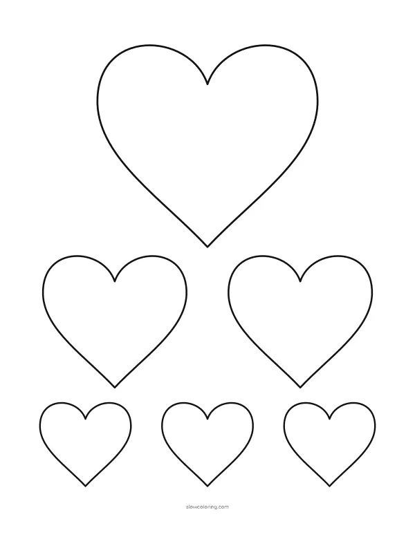 One large, two medium and three small heart outlines on one page