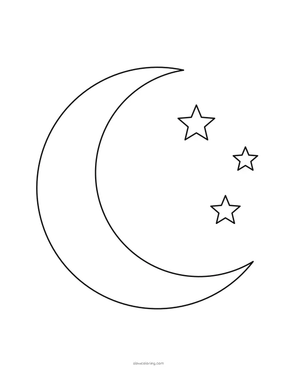 Crescent moon outline with three small stars beside it
