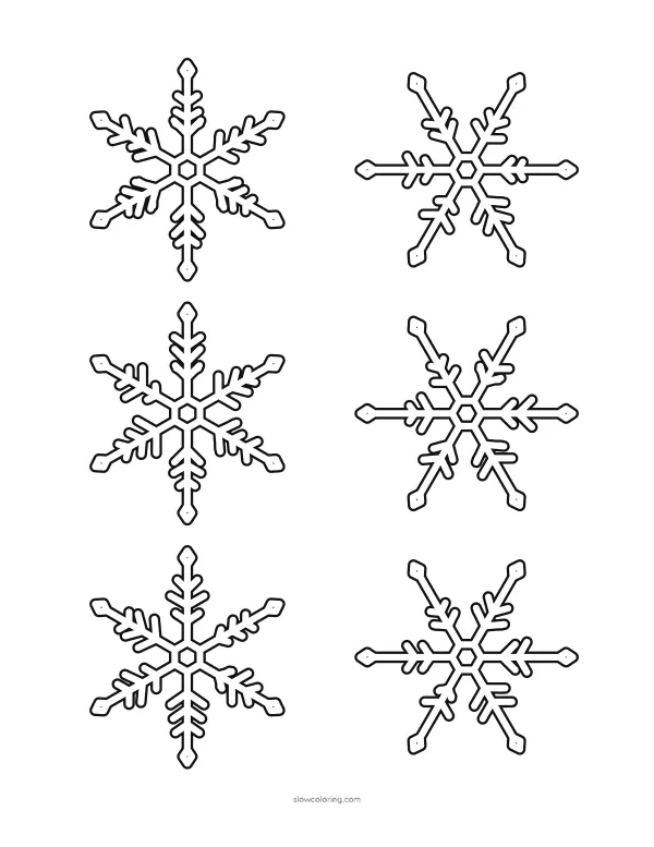 Six snowflake outlines in a grid