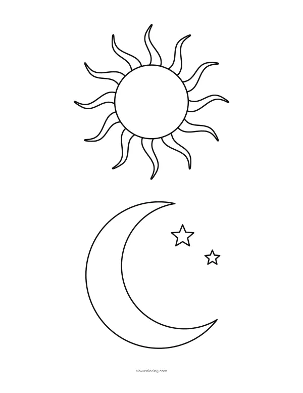 A large sun outline and a large crescent moon outline on one page