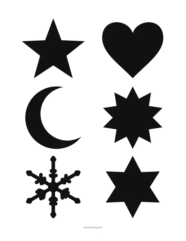 Solid black star, heart, moon, sun, snowflake and six-point star silhouettes