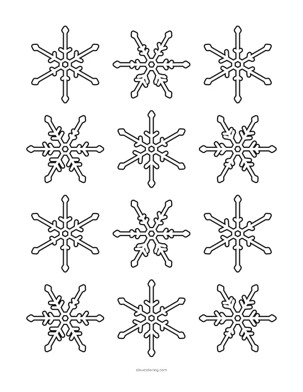 Twelve small snowflake outlines in a grid for cutting or tracing