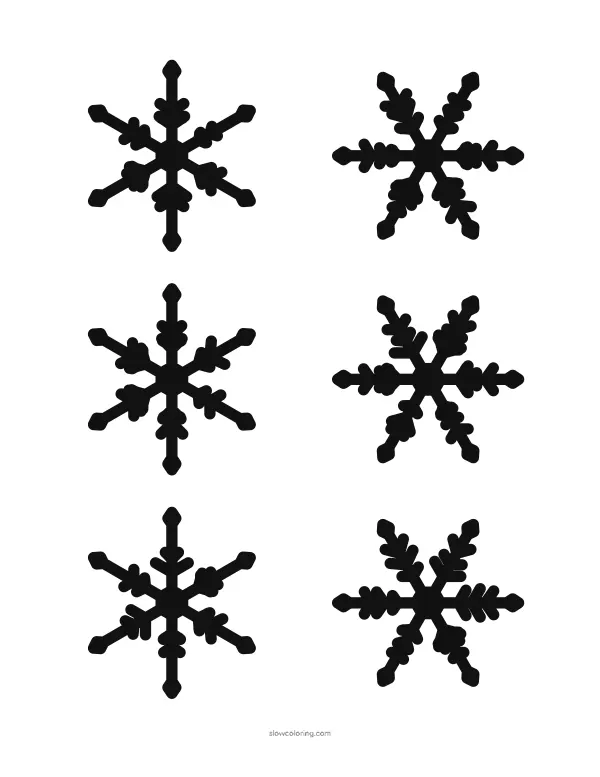 Six solid black snowflake silhouettes on one page