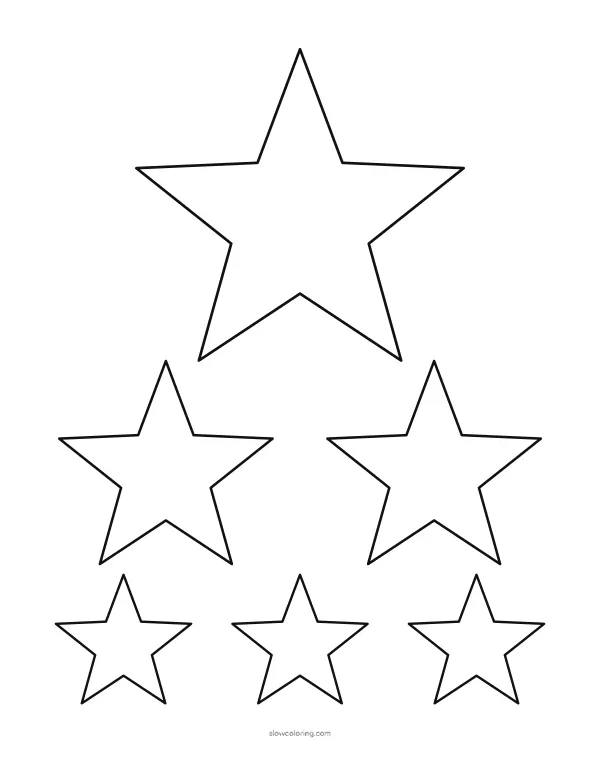 One large, two medium and three small star outlines on one page