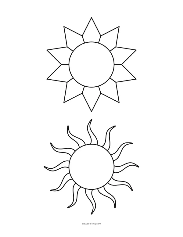 Two medium sun outlines, pointed and wavy rays