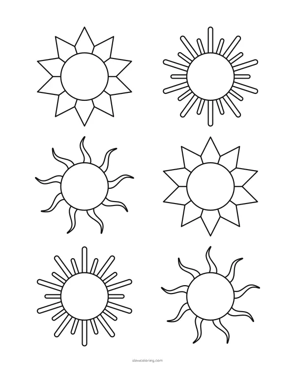 Six small sun outlines with three kinds of rays