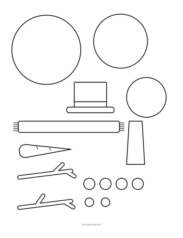 Snowman pieces to cut out: three body circles, hat, scarf, carrot nose, buttons, eyes and twig arms