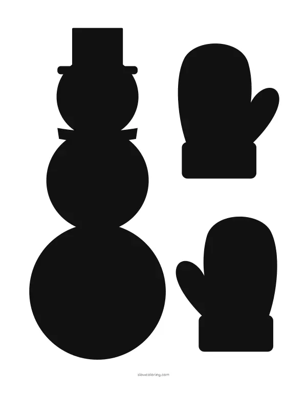 Solid black snowman silhouette and two mitten silhouettes
