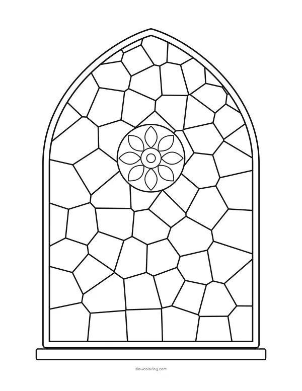 Stained Glass coloring page 06: pointed gothic window with a rosette in the center, detailed