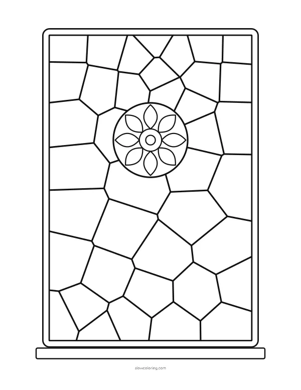 Stained Glass coloring page 07: tall rectangular window with a rosette in the center, medium