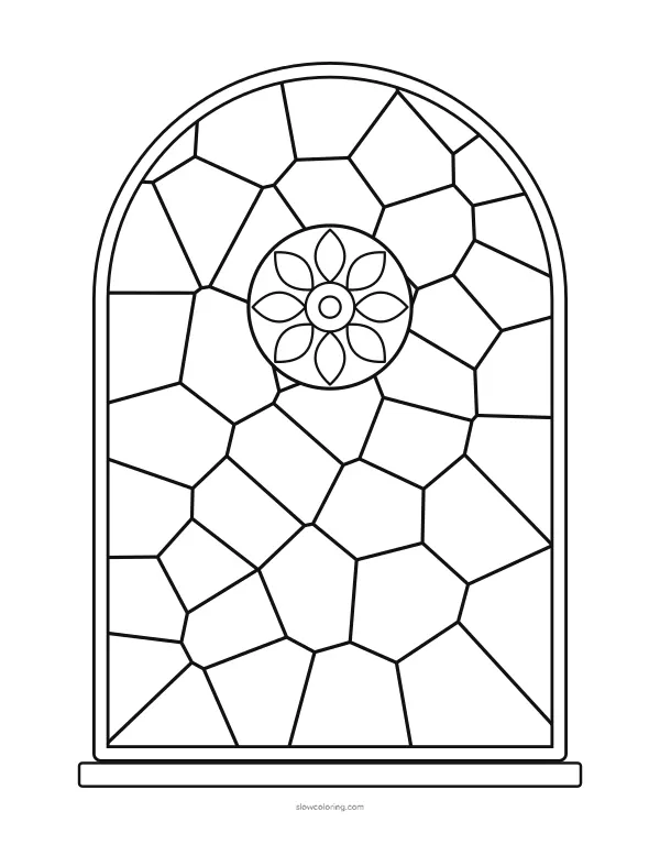 Stained Glass coloring page 10: arched window with a rosette in the center, medium