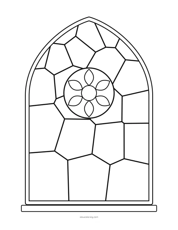 Stained Glass coloring page 11: pointed gothic window with a rosette in the center, easy
