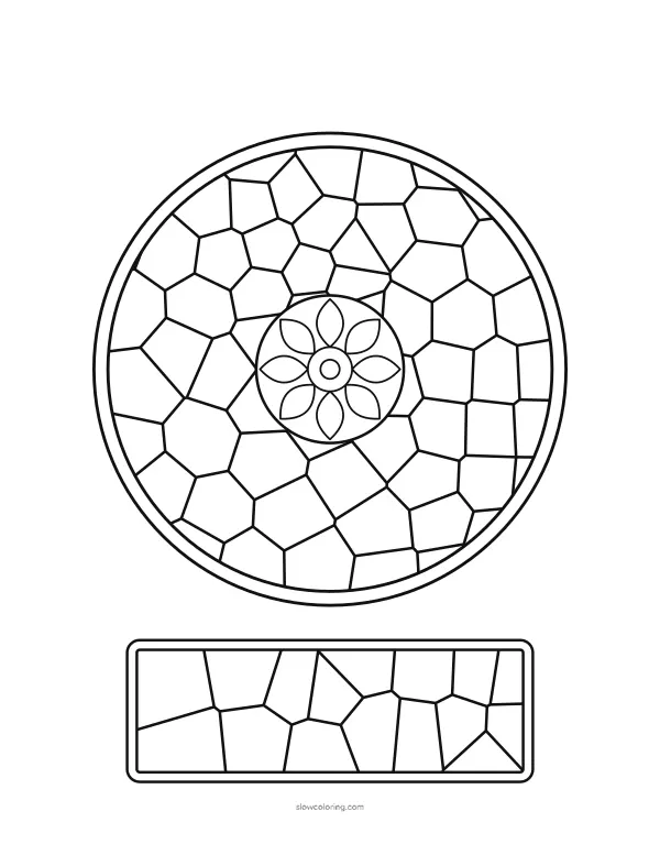 Stained Glass coloring page 12: round rose window with a rosette in the center, detailed