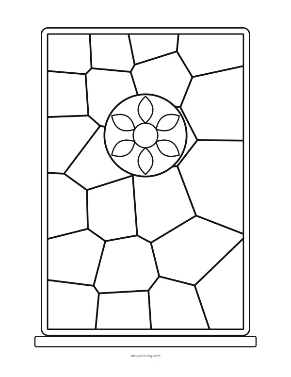 Stained Glass coloring page 14: tall rectangular window with a rosette in the center, easy