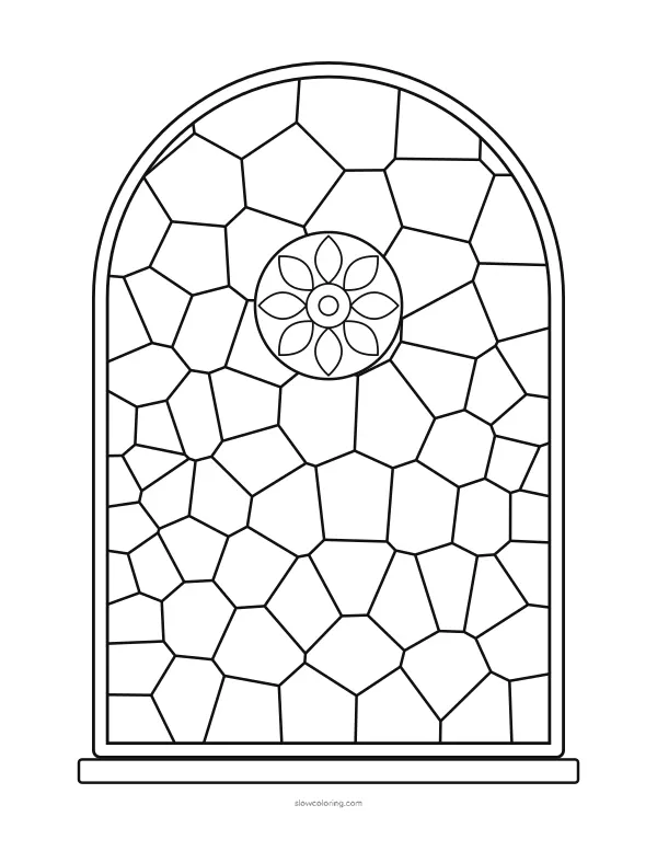 Stained Glass coloring page 15: arched window with a rosette in the center, detailed