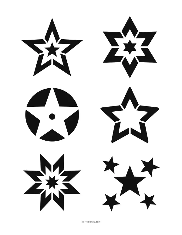 Six small star stencils: five, six and eight points, rounded, star in a circle and a star group