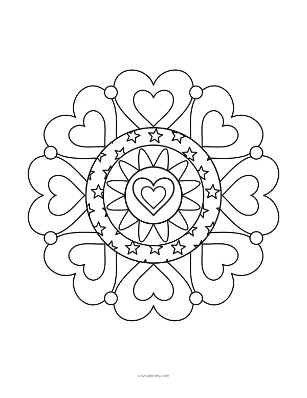 Bold mandala with a ring of eight hearts, petal bands and nested hearts in the center