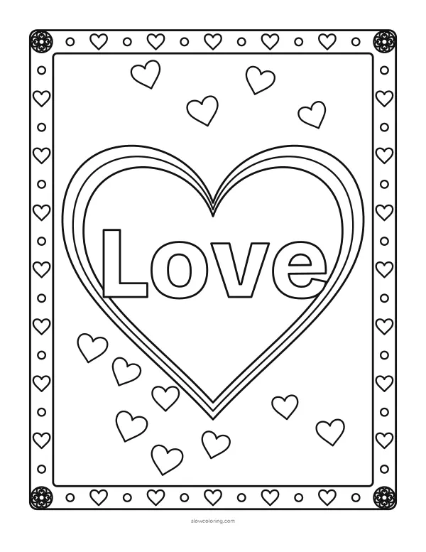 The word Love in large hollow letters inside a big double heart, framed by hearts and dots