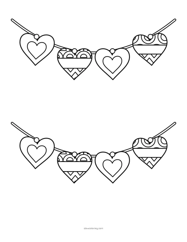 Two strings of large hearts hanging across the page, some plain and some split into bands