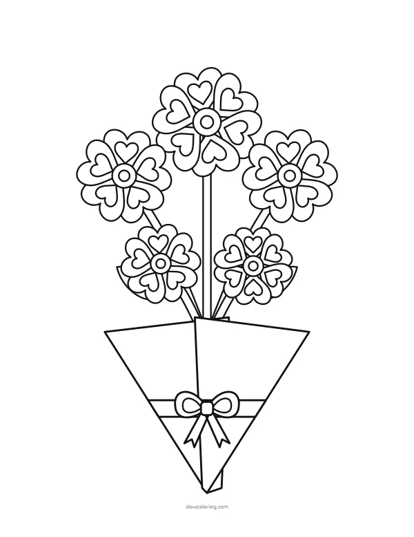 Bouquet of five flowers with heart-shaped petals, leaves and stems in a paper cone with a bow