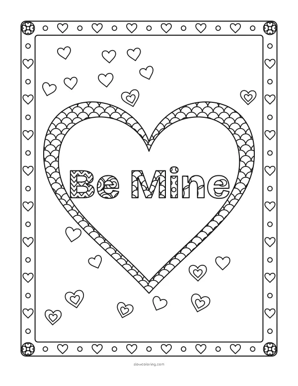 Be Mine in patterned letters inside a large heart with a patterned border