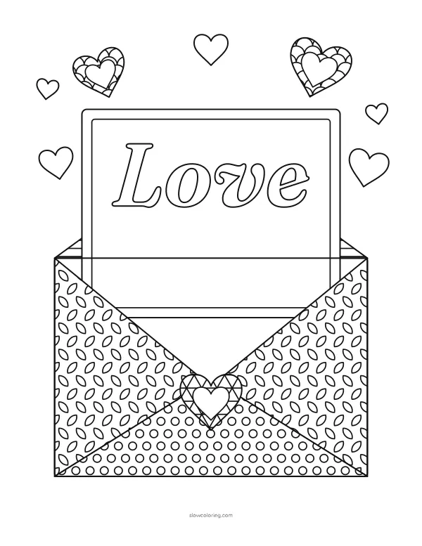 Open envelope with patterned flaps, a card that says Love, a heart seal and hearts rising above