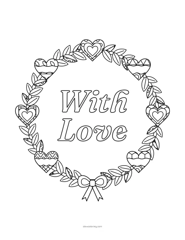Round wreath of leaves with patterned hearts, a bow and the words With Love in the middle