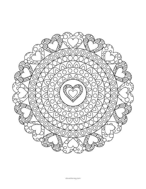 Detailed mandala with sixteen patterned hearts and fine rings of petals, dots and lattice