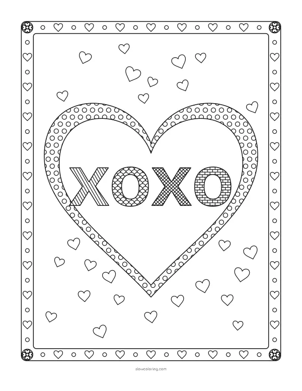 XOXO in letters filled with fine patterns inside a large patterned heart, framed by hearts and dots