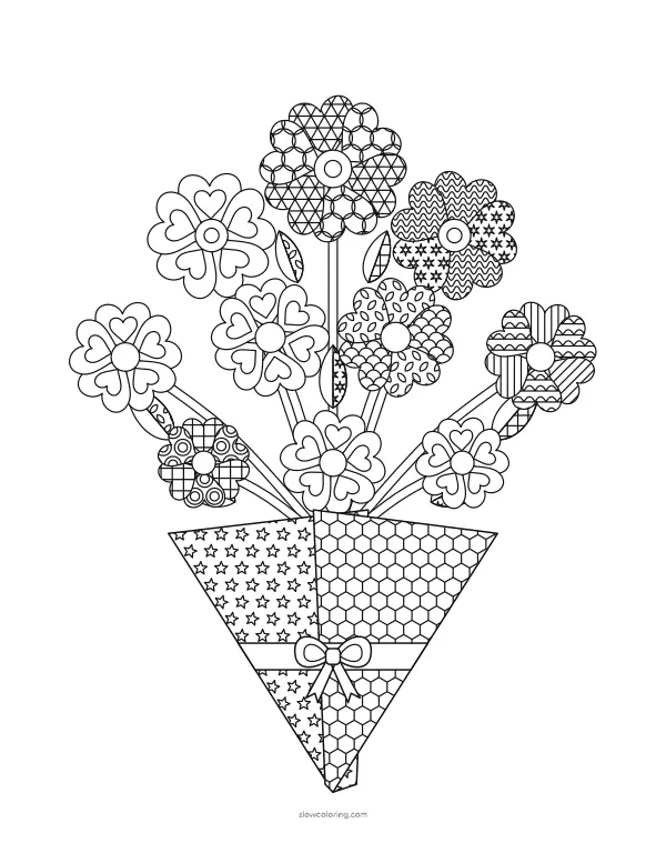 Detailed bouquet of ten heart-petal flowers with patterned leaves in a patterned paper cone