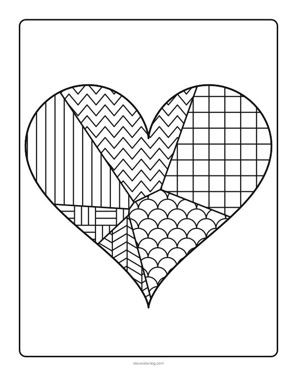 Easy zen doodle coloring page: a large heart outline split into sections, each section filled with a different tangle pattern