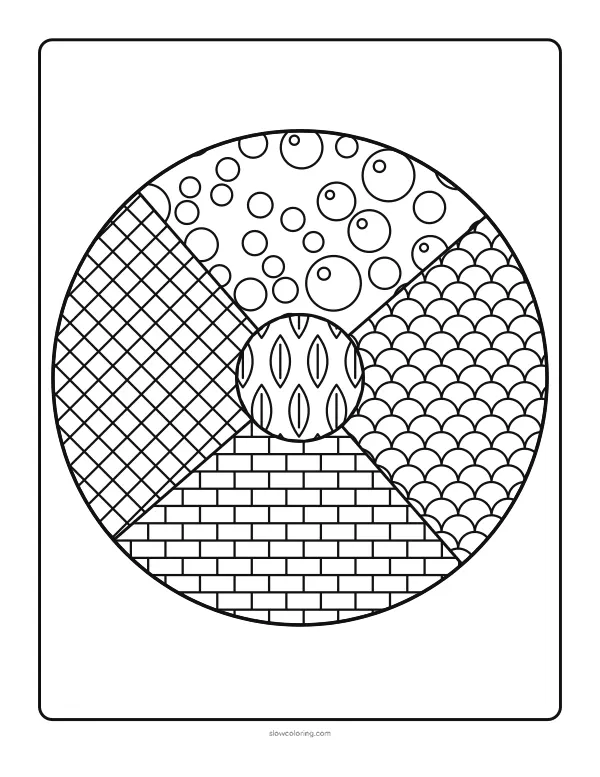 Easy zen doodle coloring page: a large circle split into rings and segments, each section filled with a different tangle pattern