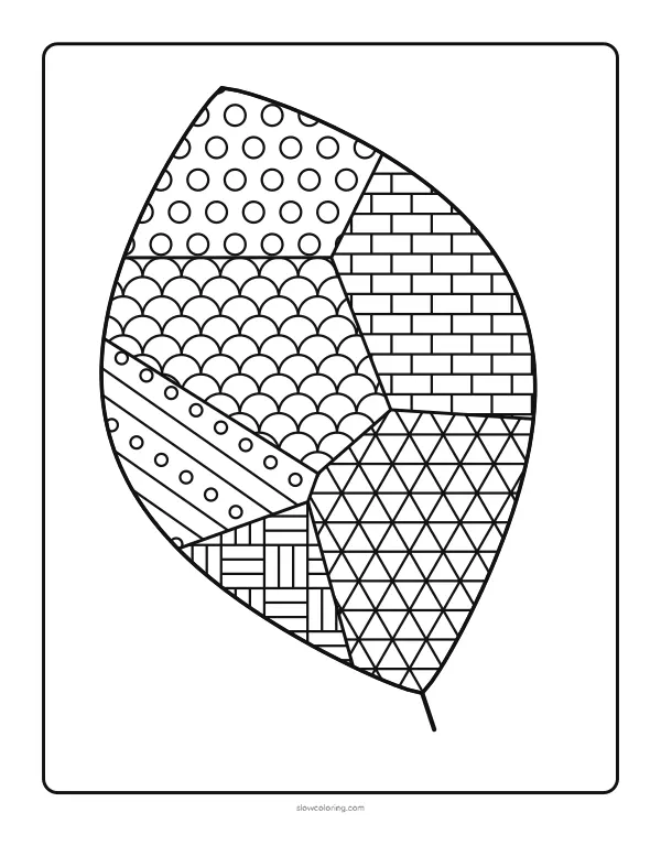 Easy zen doodle coloring page: a large leaf split into sections, each section filled with a different tangle pattern