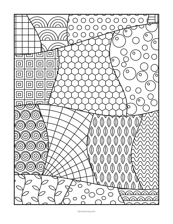 Medium zen doodle coloring page: flowing curved bands across the page, each section filled with a different tangle pattern