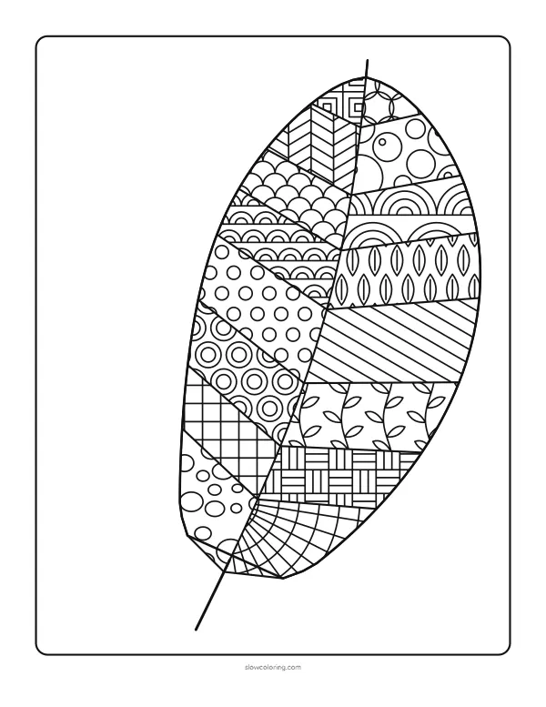 Medium zen doodle coloring page: a long feather split into bands along its spine, each section filled with a different tangle pattern