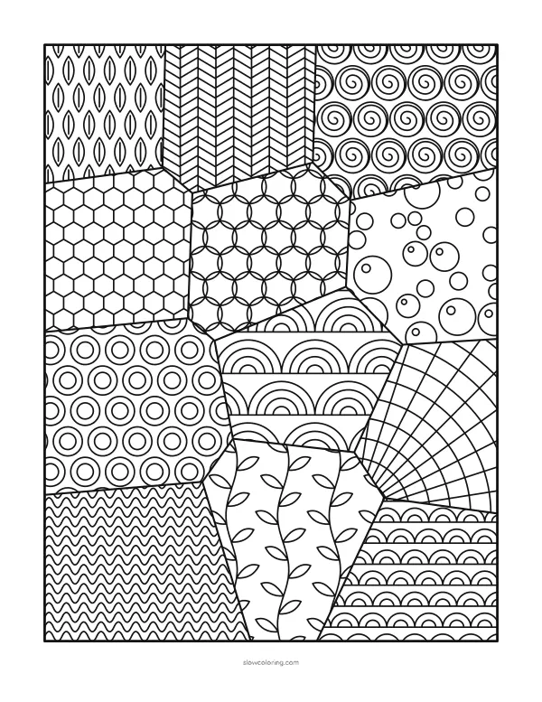 Medium zen doodle coloring page: a framed page split into sections, each section filled with a different tangle pattern