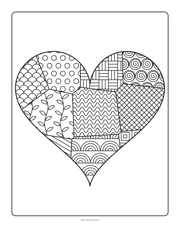 Medium zen doodle coloring page: a large heart outline split into sections, each section filled with a different tangle pattern