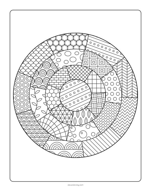 Detailed zen doodle coloring page: a large circle split into rings and segments, each section filled with a different tangle pattern
