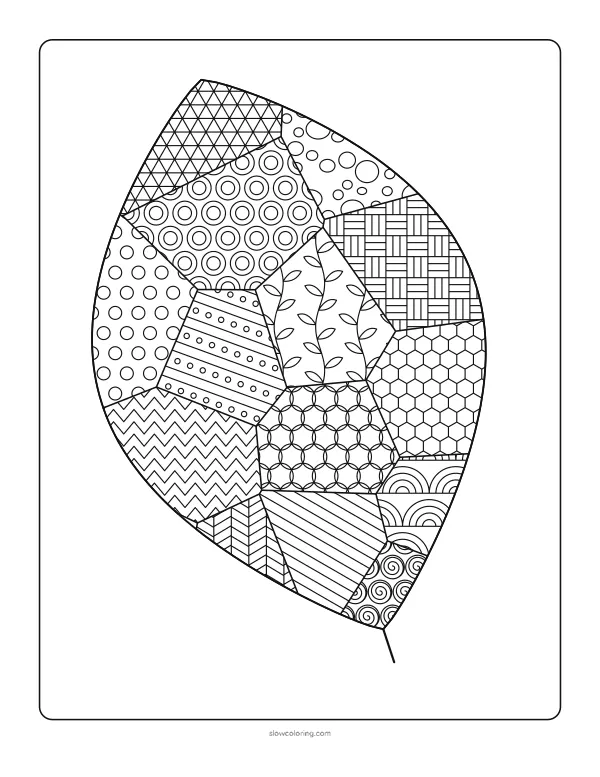 Detailed zen doodle coloring page: a large leaf split into sections, each section filled with a different tangle pattern