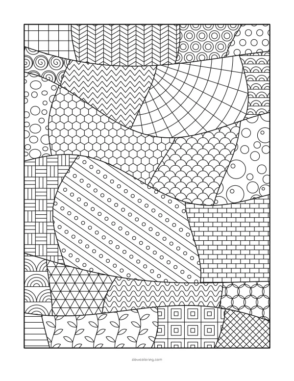 Detailed zen doodle coloring page: flowing curved bands across the page, each section filled with a different tangle pattern
