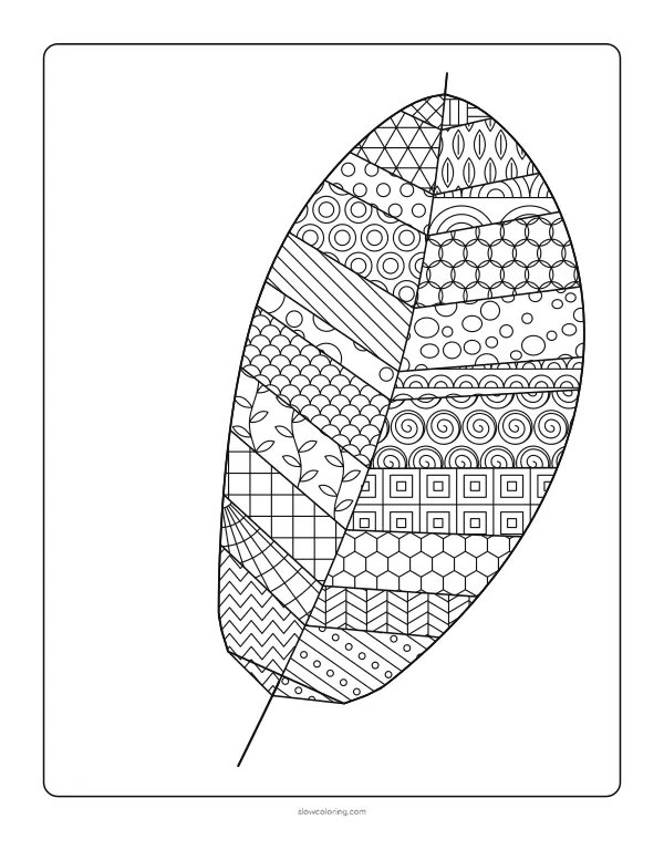 Detailed zen doodle coloring page: a long feather split into bands along its spine, each section filled with a different tangle pattern